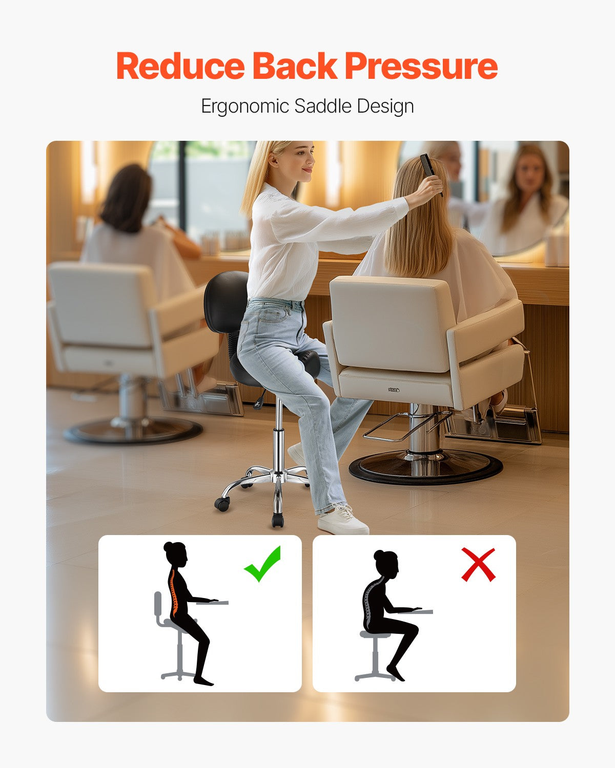 Adjustable Saddle Stool with Backrest and PU Leather Seat - Swivel Office Chair