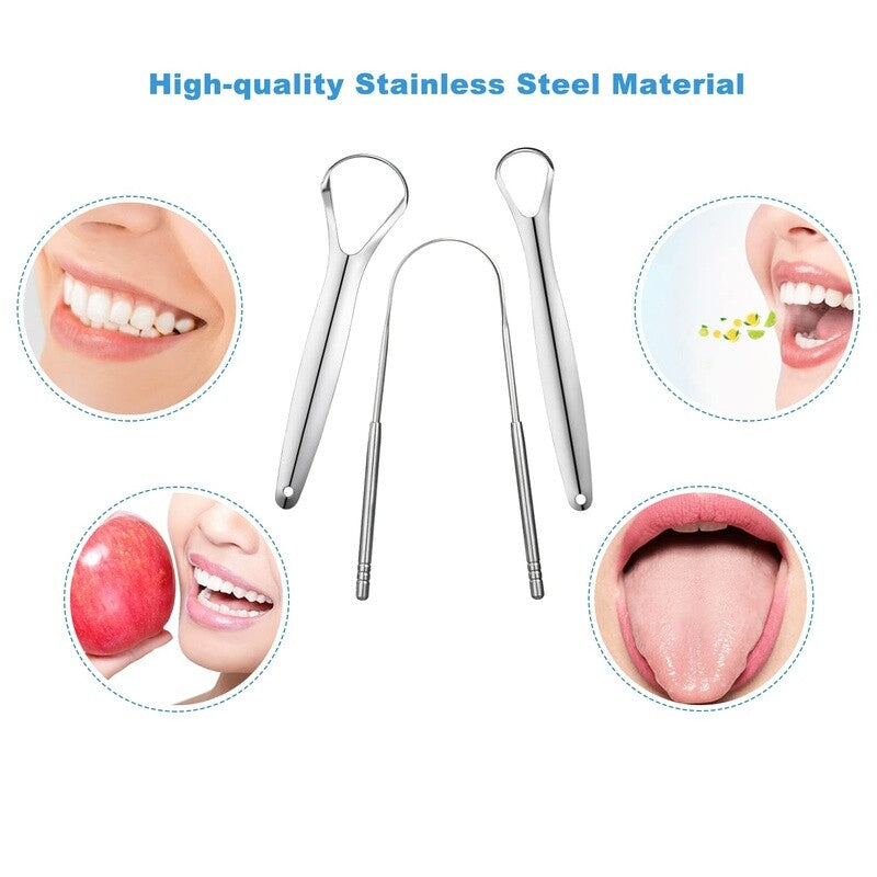 Stainless Steel Tongue Scraper Set - Dual Handle, Adults, 3 Pack