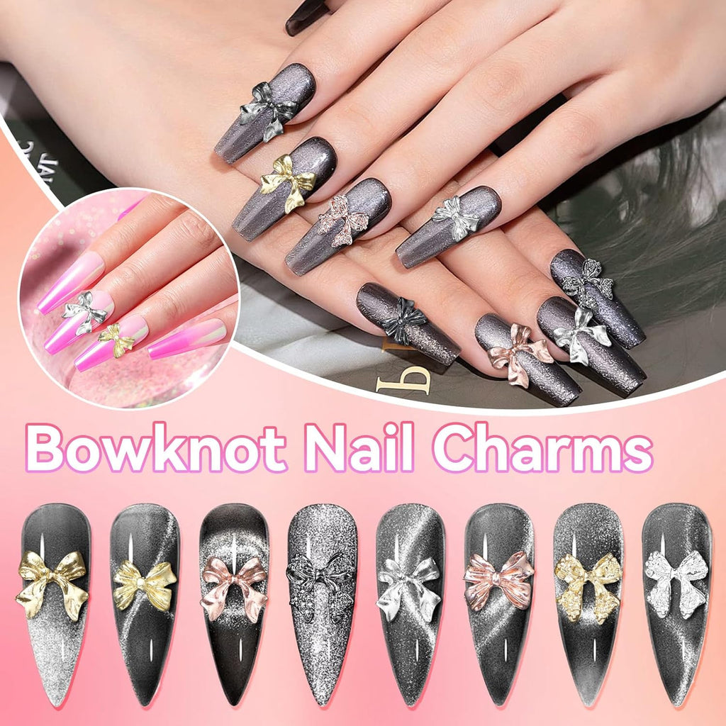 Metal Bow Nail Charms 60 Pcs for Nail Art - 12 Styles Silver Gold Black