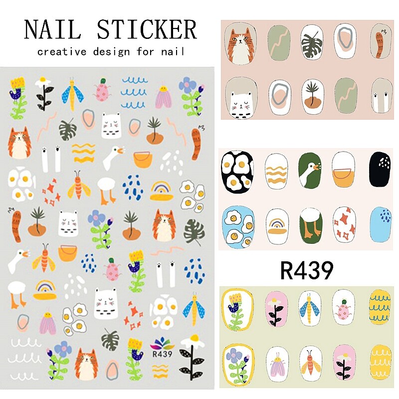Farm Animal Nail Stickers Set Rainbow Bee Cat Goose Egg Wave 3D Decor