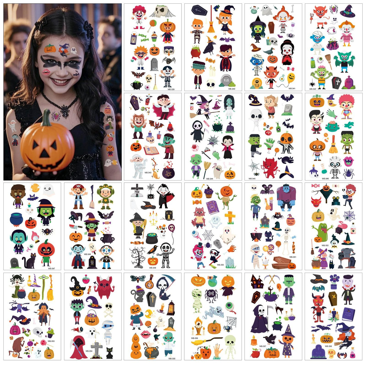Halloween Temporary Tattoos for Kids - 260+ Designs on 20 Sheets (Pack of 1), Colorful