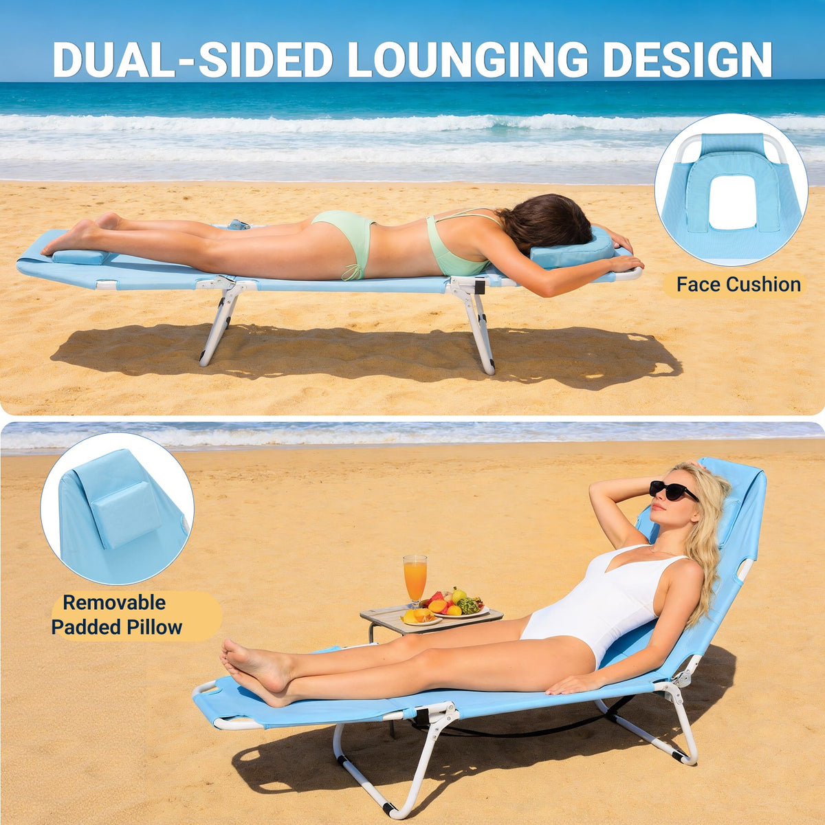 Outdoor Folding Tanning Chair with Face Hole and Mattress, Adjustable Lounger for Sunbathing and Camping