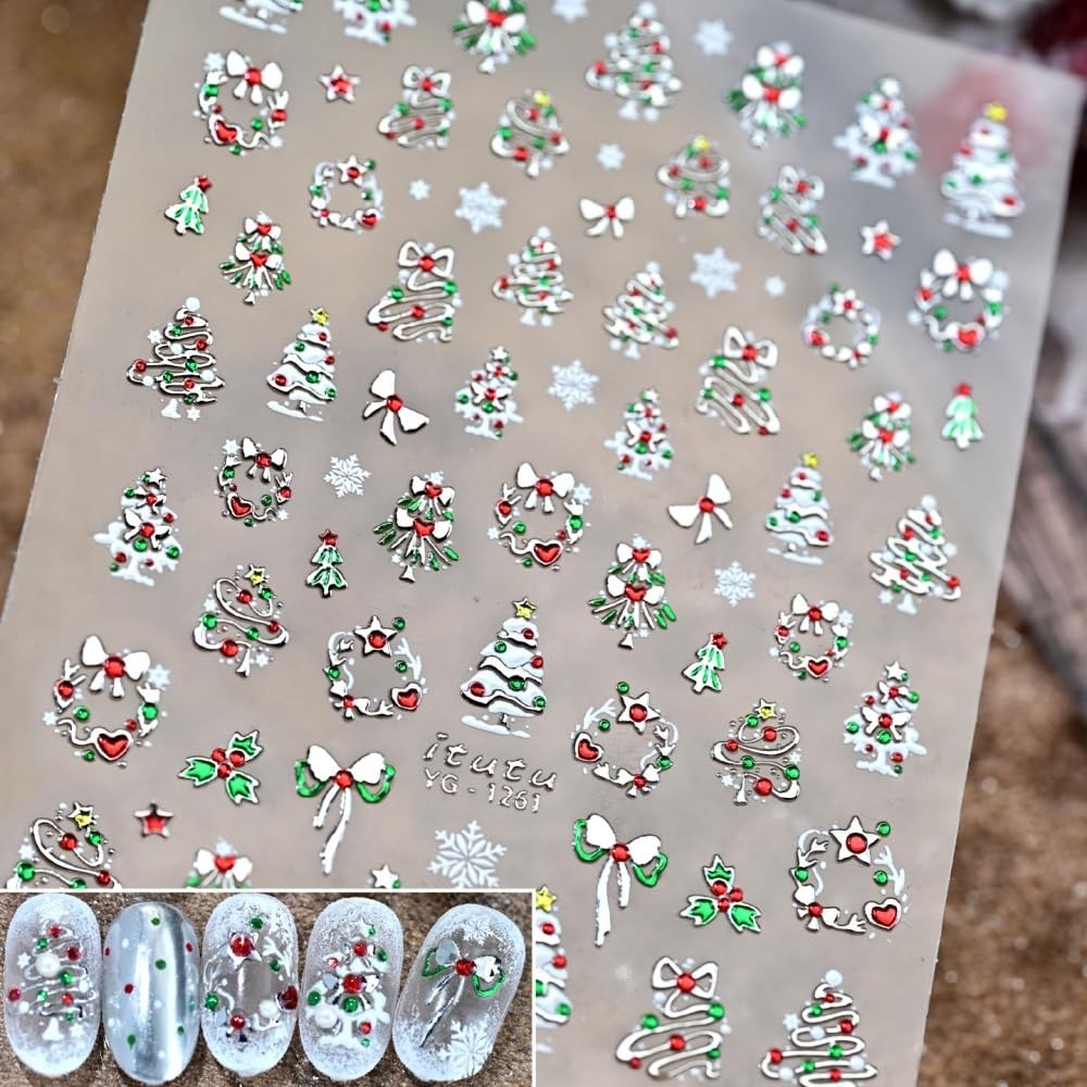 Christmas Nail Stickers 5D Embossed Metallic Silver Nail Decals Holiday Manicure