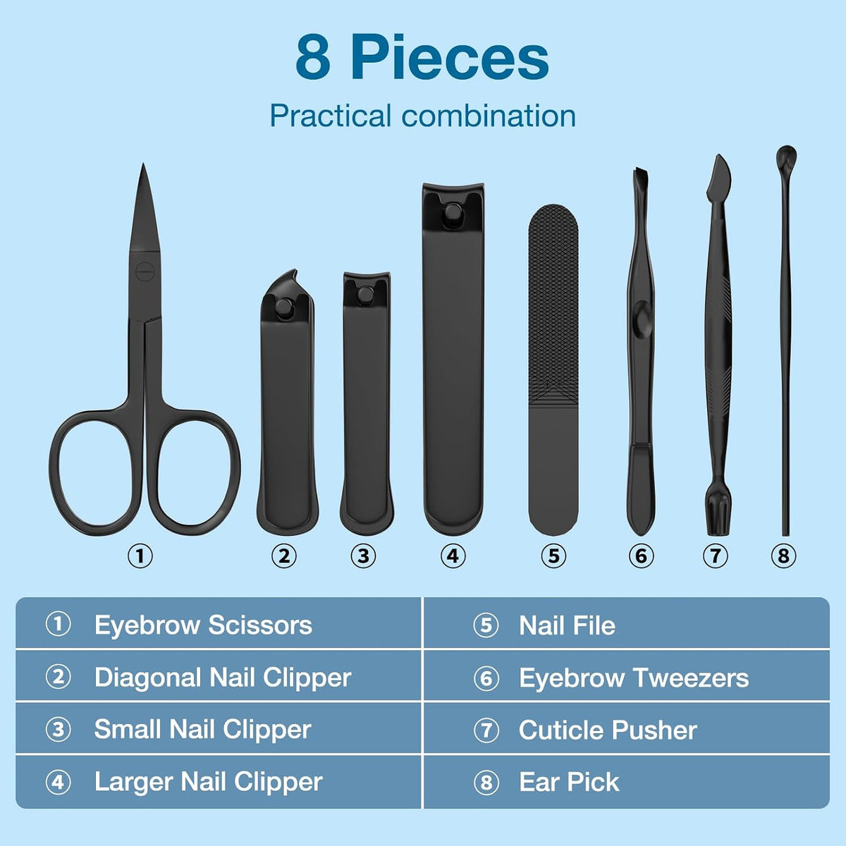 Men’s Nail Grooming Travel Kit - 8-Piece Stainless Steel Manicure Set