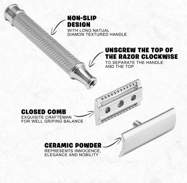 Safety Razor Double Edge with Stand & 5 Platinum Blades for Men - Close Shave