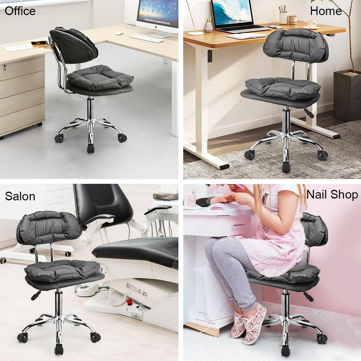 Adjustable Rolling Stool with Backrest and Thick Seat Padding - Heavy Duty Grey