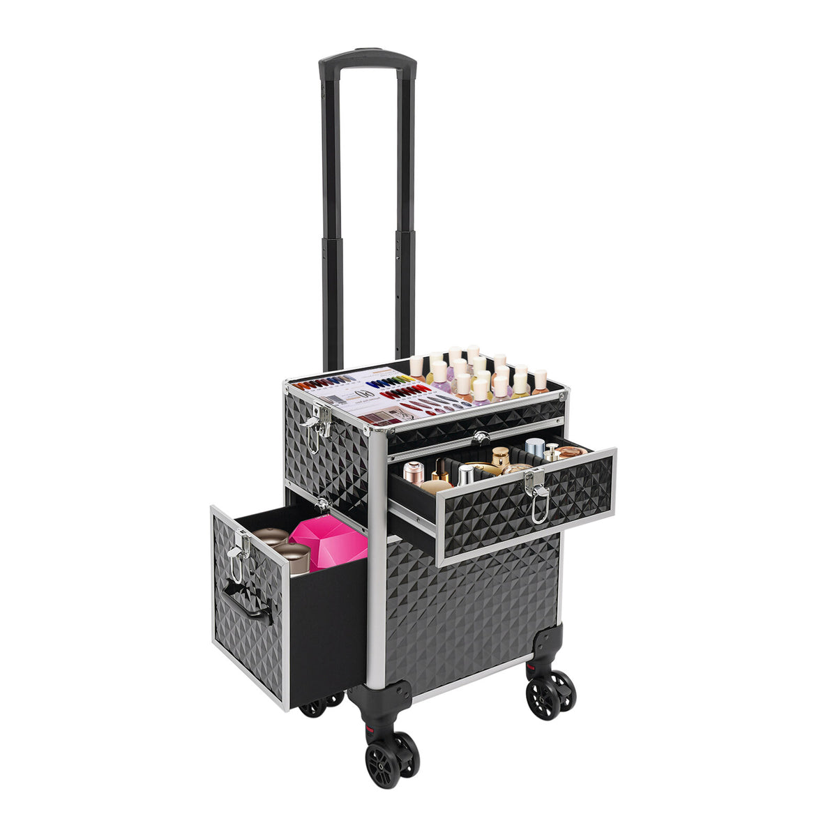 Rolling Makeup Case Travel Cosmetic Storage Trolley with Lock & Handle