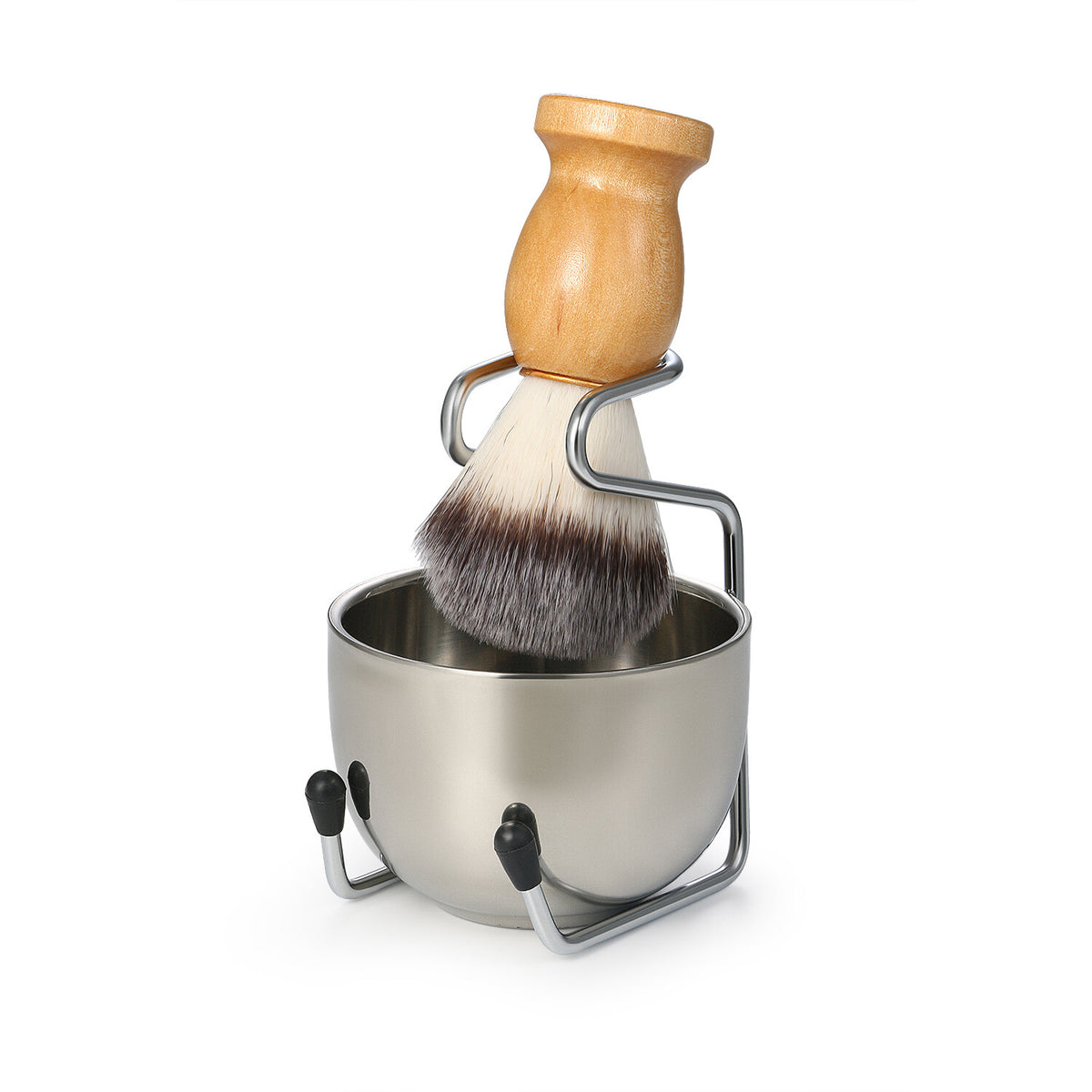 3-in-1 Men’s Shaving Brush Set with Wooden Handle & Stand — Includes Mug & Bowl
