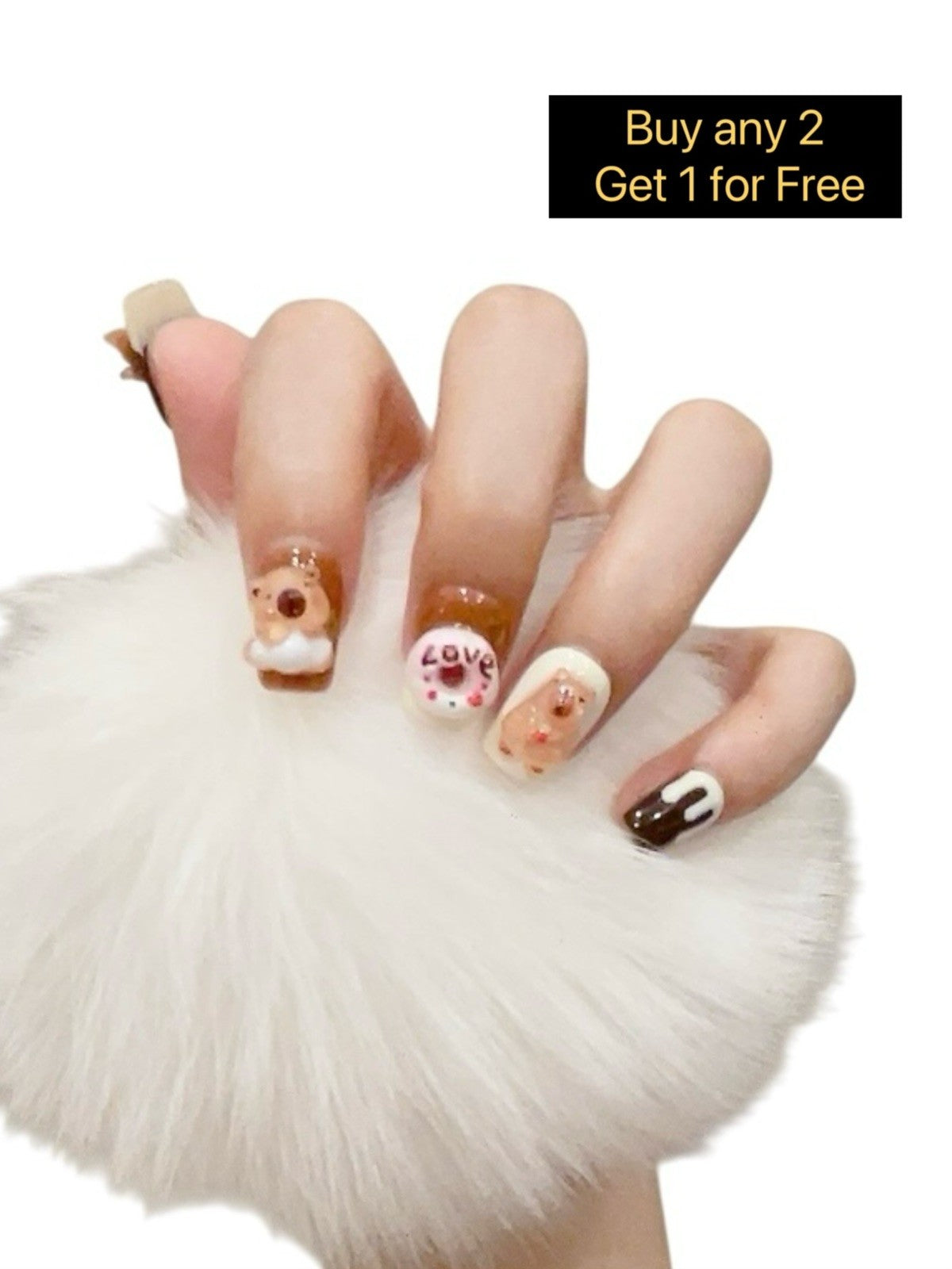 Short Brown Press-On Nails with 3D Capybara Design - Reusable & Cute Nail Art