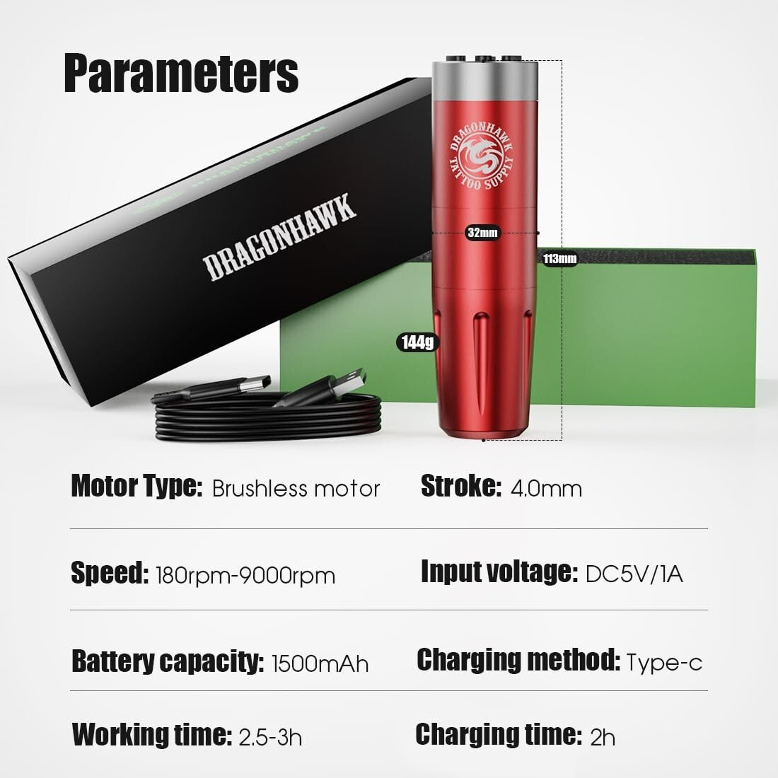 Wireless Tattoo Pen Machine X8 by Dragonhawk, 180-9000 RPM, Brushless Direct Drive