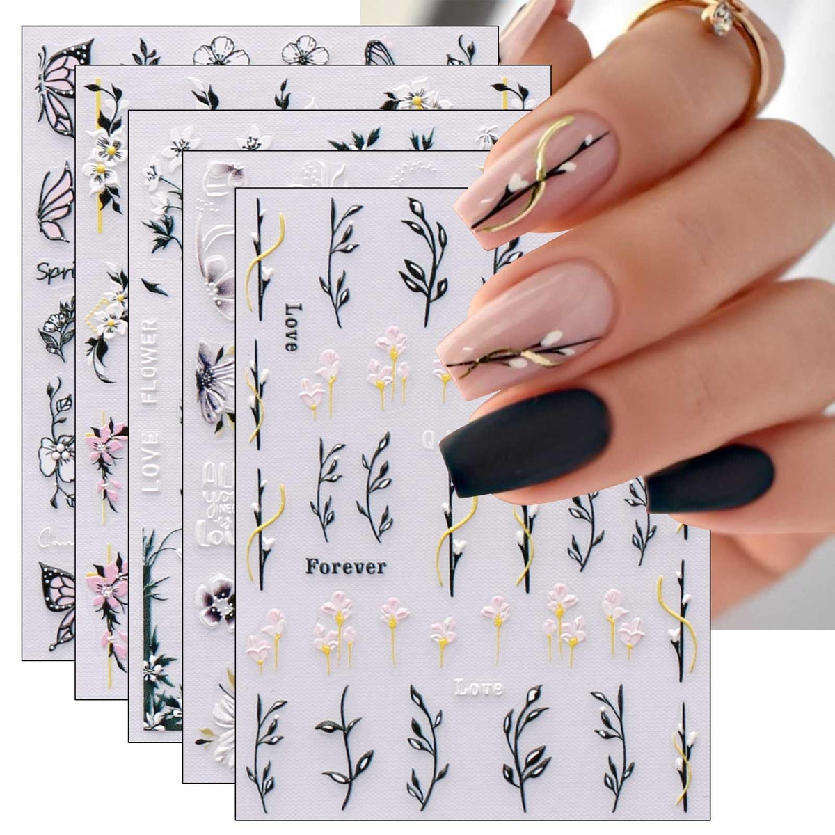 Spring Flower Nail Art Stickers Set - 6 Sheets Self-Adhesive 3D Embossed Decals
