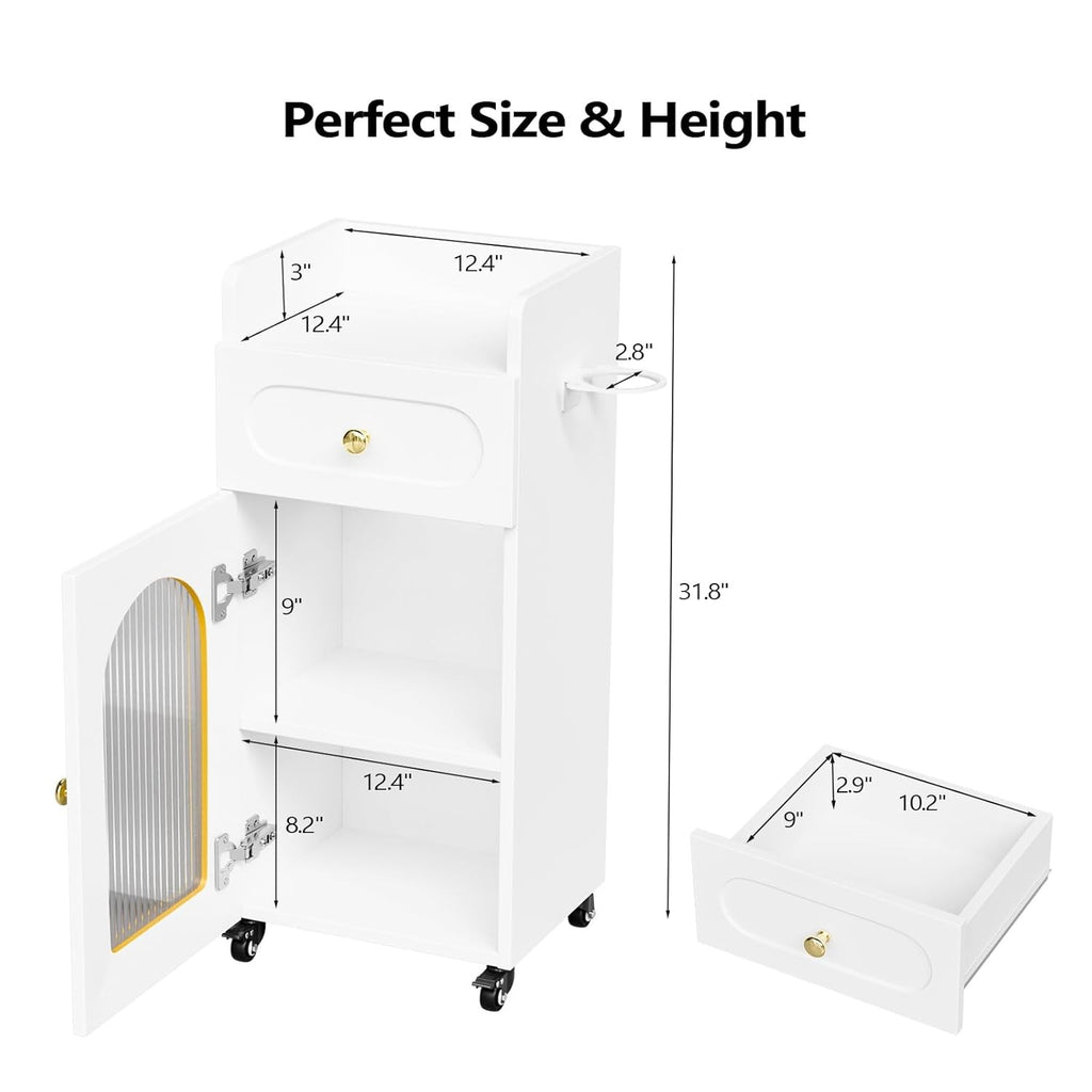 Salon Trolley Cart with Glass Door & Adjustable Shelves for Barber & Beauty Spa