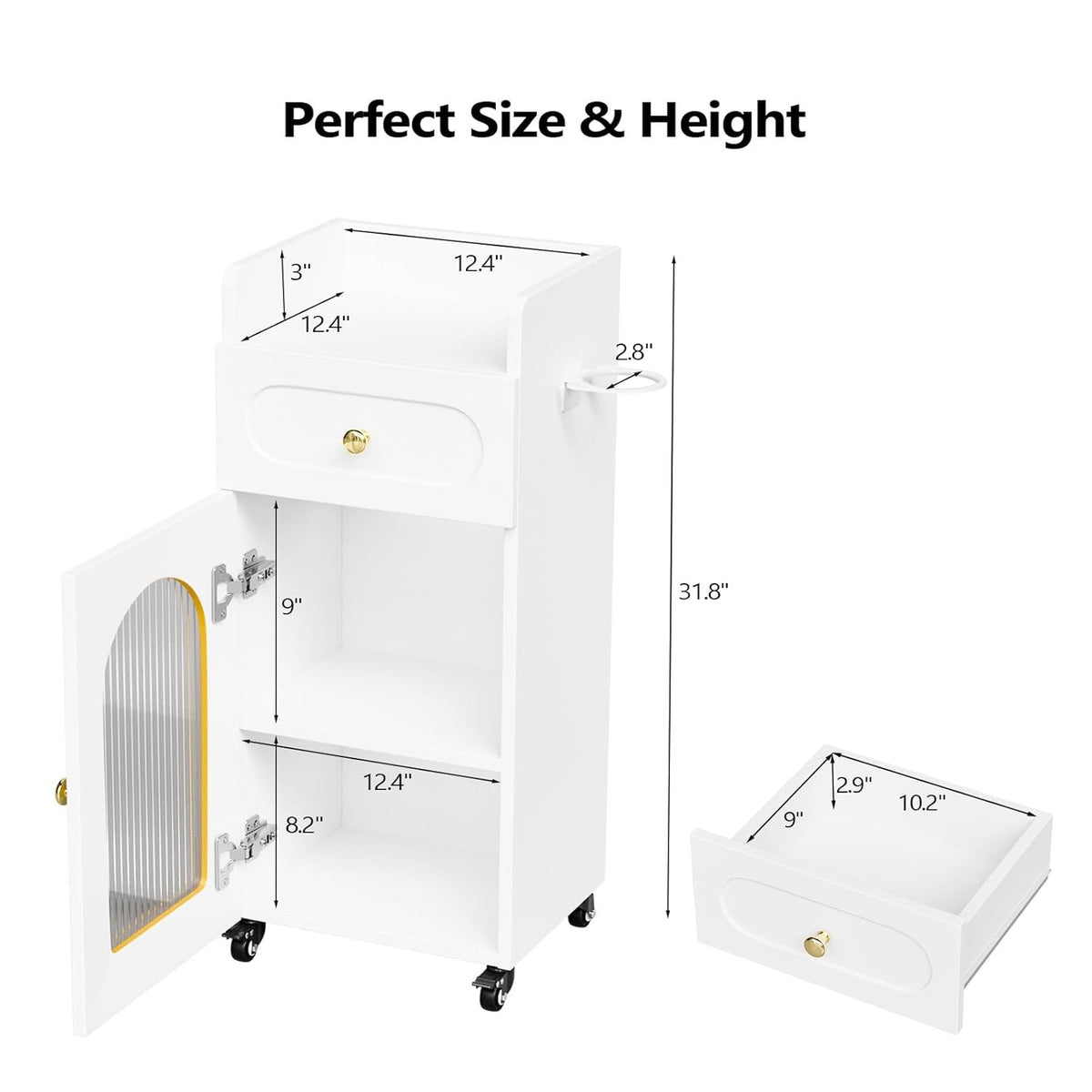 Salon Trolley Cart with Glass Door & Adjustable Shelves for Barber & Beauty Spa