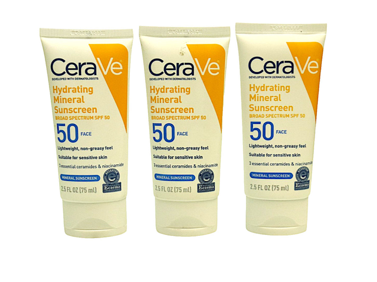 3 Pack Mineral Face Sunscreen SPF 50 - Hydrating, Broad Spectrum, 75mL Each