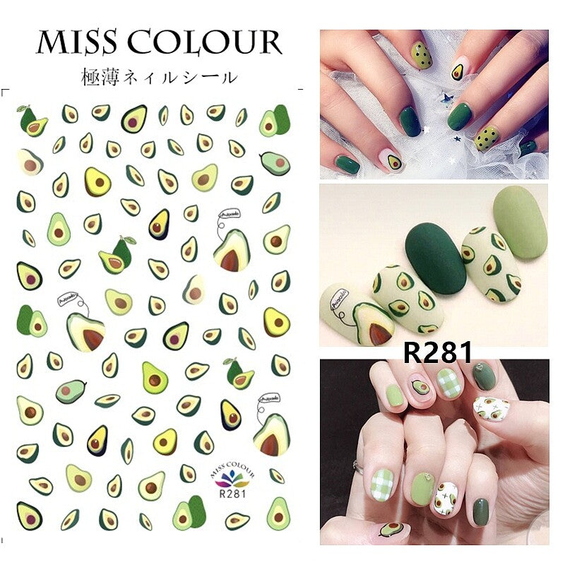 Fruit Nail Stickers Set with Peach Cherry Avocado Orange Strawberry Watermelon Lemon Decals