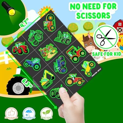 Glow-in-the-Dark Tractor Temporary Tattoos - 96 Pcs Pre-Cut Kids Tattoos