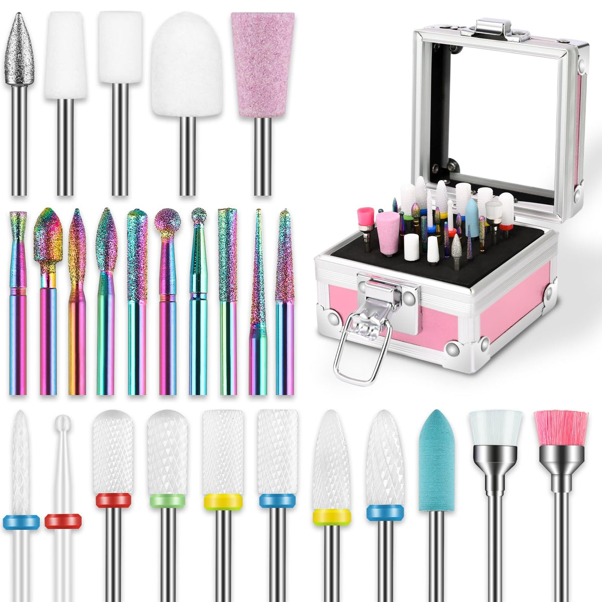 26PCS Nail Drill Bits Set with Holder Case - Pink Professional Manicure Tools