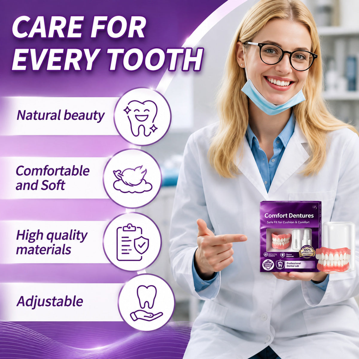 Full Set Natural Silicone Dentures Upper & Lower Comfort Fit - Cosmetic Tooth Replacement