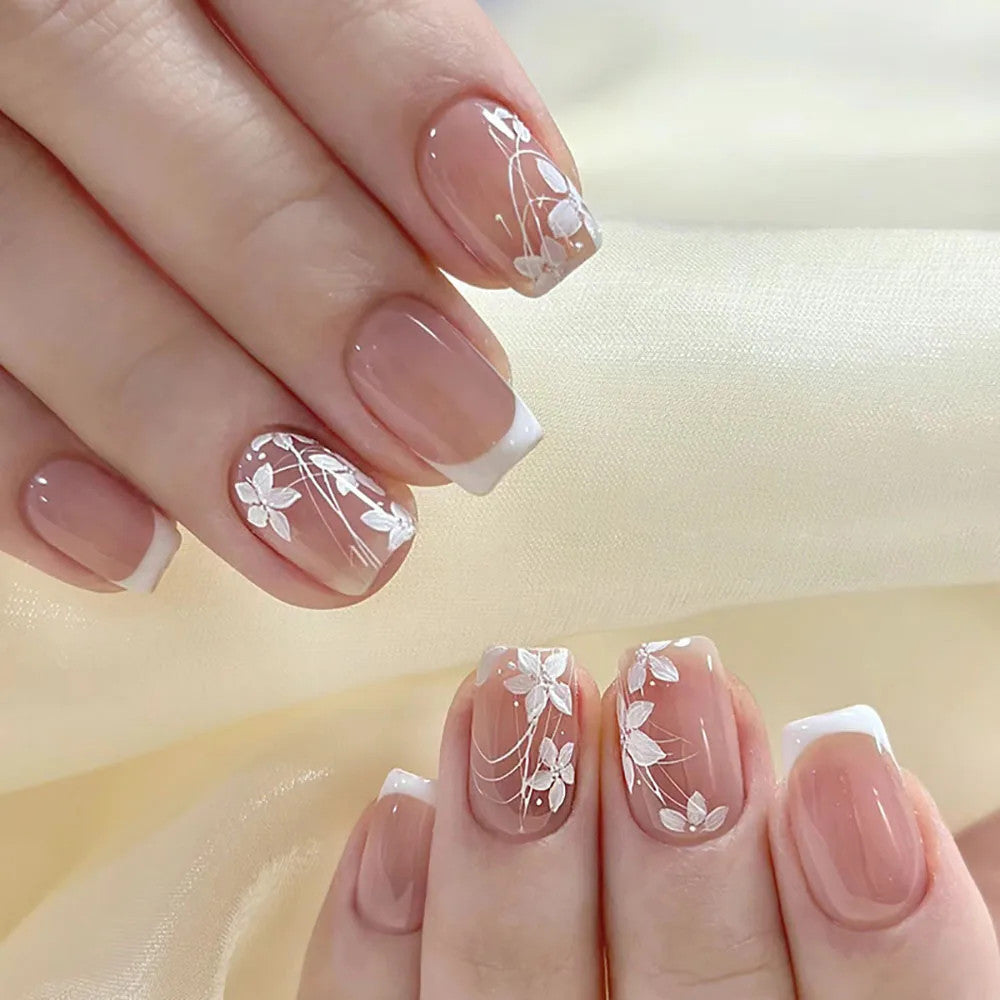 24-Piece Short Square French Press Fake Nails with Flower Butterfly Design