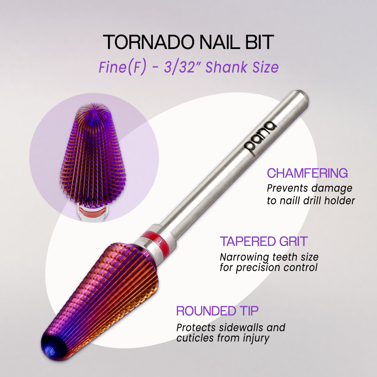 Nail Drill Bit Tornado Shaped Carbide 3/32 Inch Purple Fine to Extra Coarse