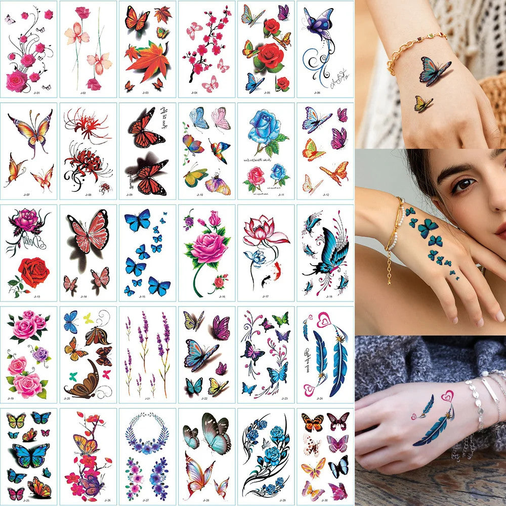 Waterproof Temporary Tattoos Set – Butterfly, Rose & Feather Stickers (Disposable)