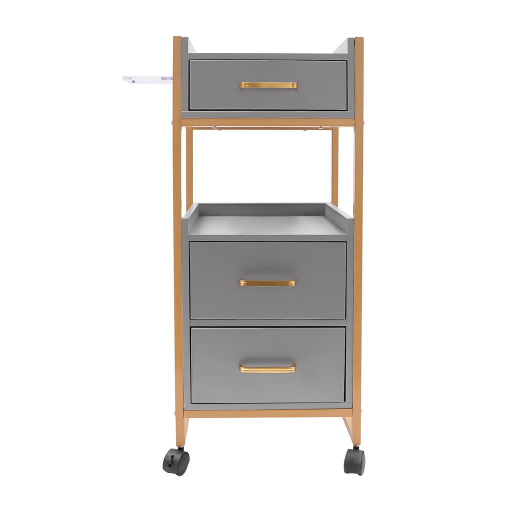 Mobile Salon Storage Cart with 3 Drawers and Hair Dryer Holder - Gold & Gray