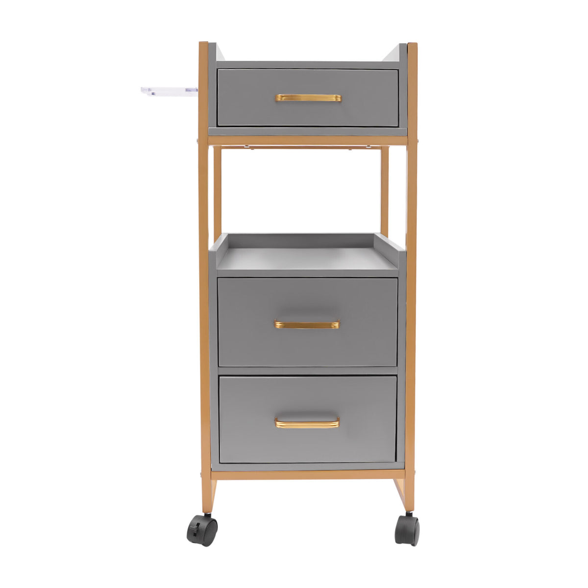 Mobile Salon Storage Cart with 3 Drawers and Hair Dryer Holder - Gold & Gray
