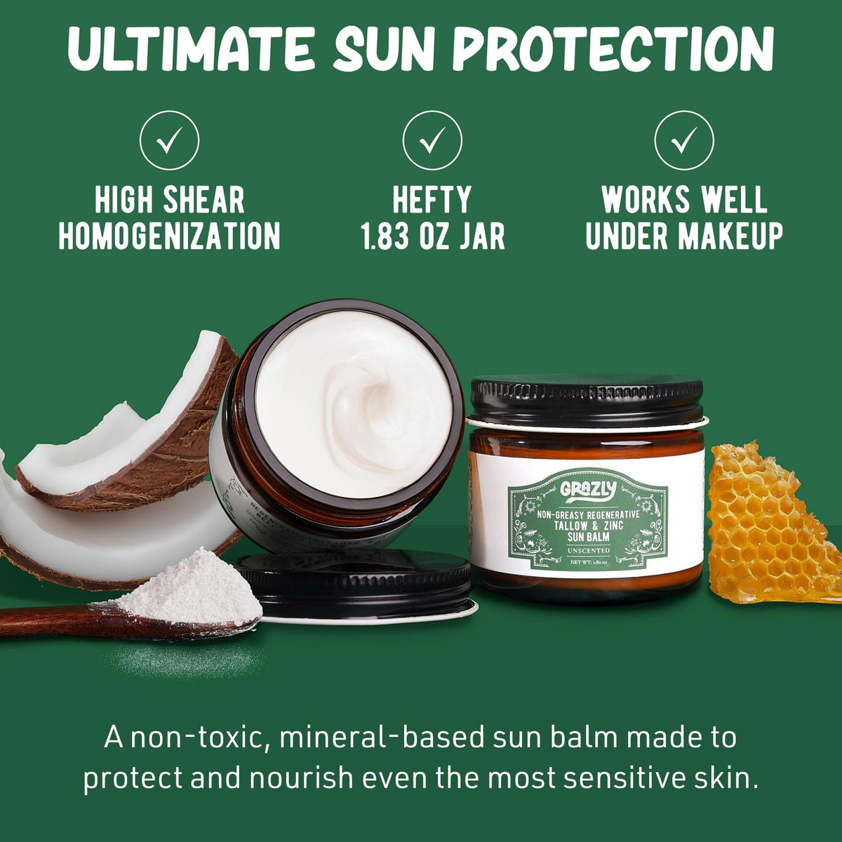 Beef Tallow Sunscreen SPF 35 Unscented Zinc Balm 1.8 oz - Mineral-Based Skin Protector