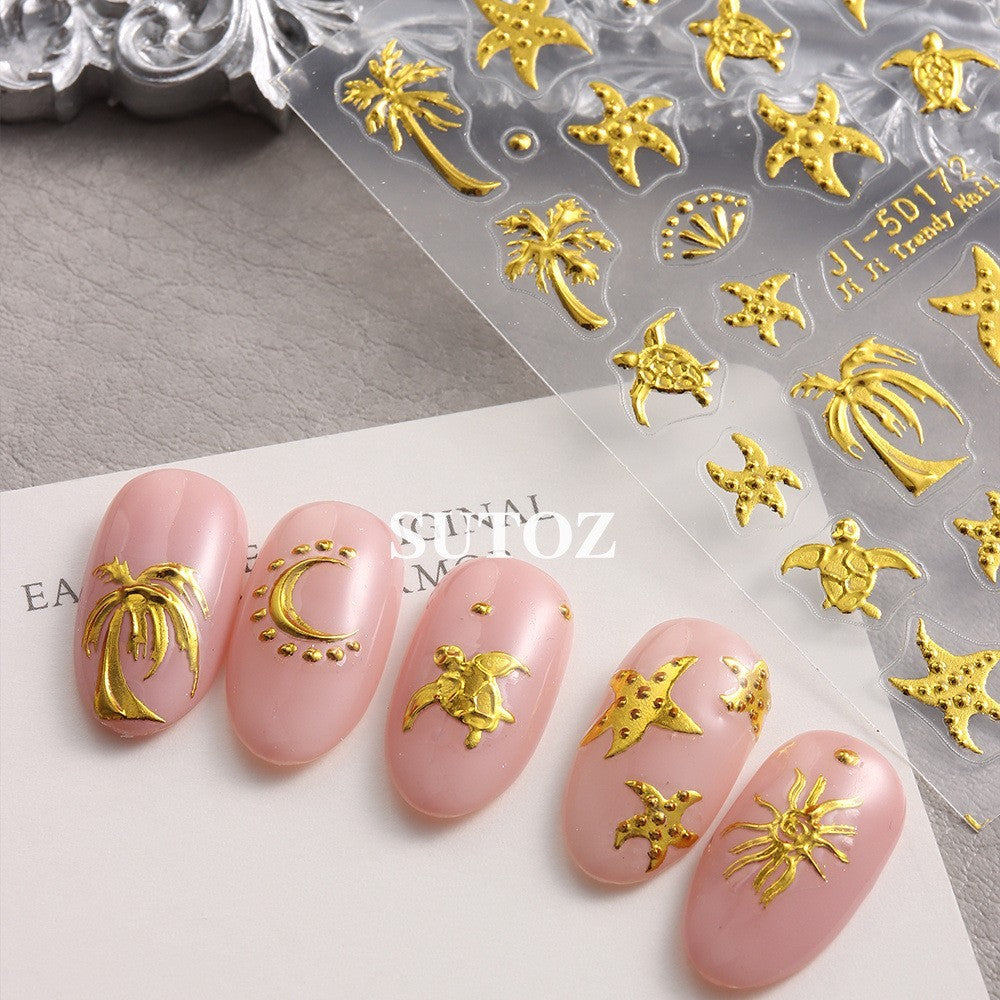 Gold Ocean Starfish Turtle Sun Palm Tree 5D Nail Stickers Embossed Decal
