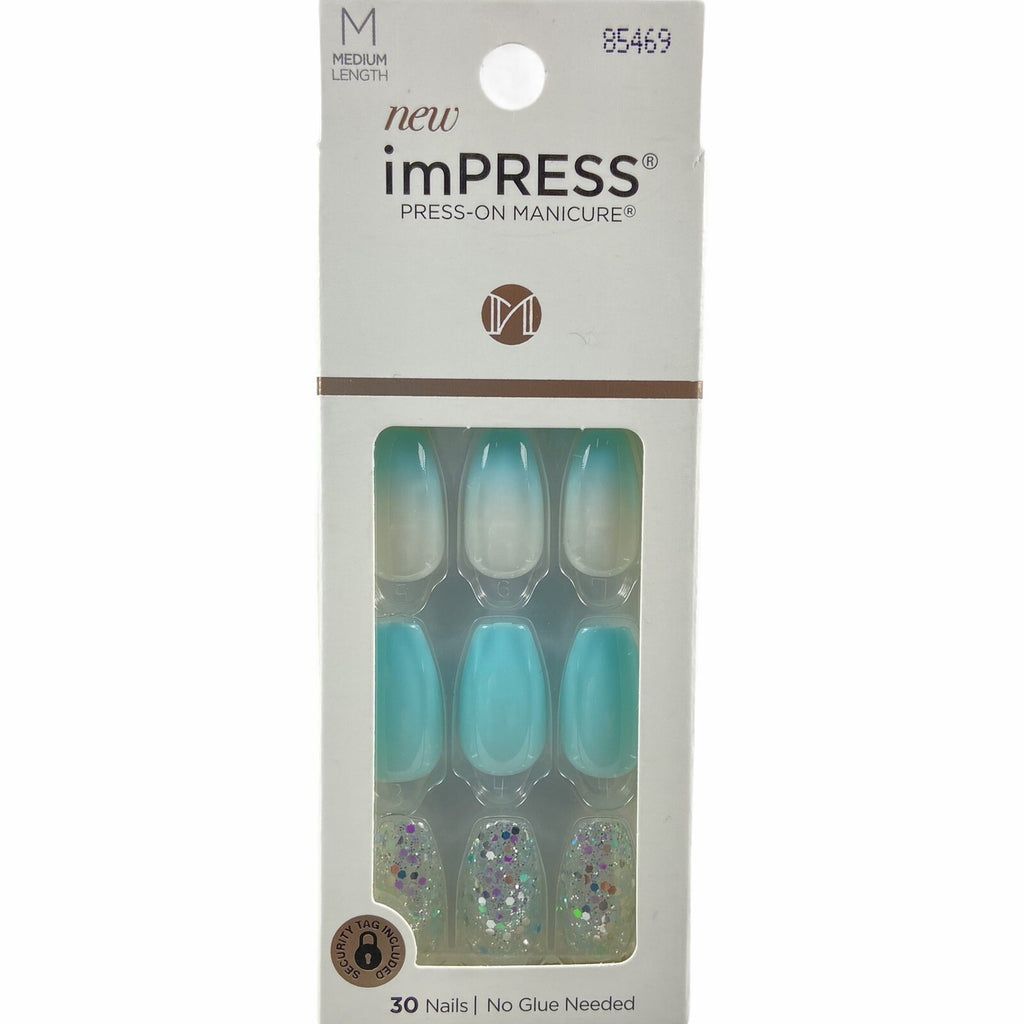 Press On Manicure Kit - Medium Gel Coffin Nails Blue White Silver Glitter
