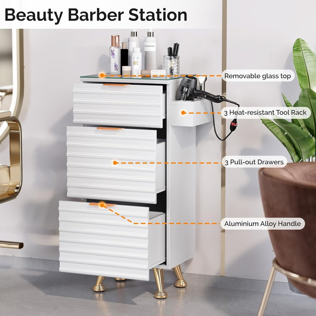 Salon Styling Station with Glass Top and Storage Drawers for Hair & Barber Shops