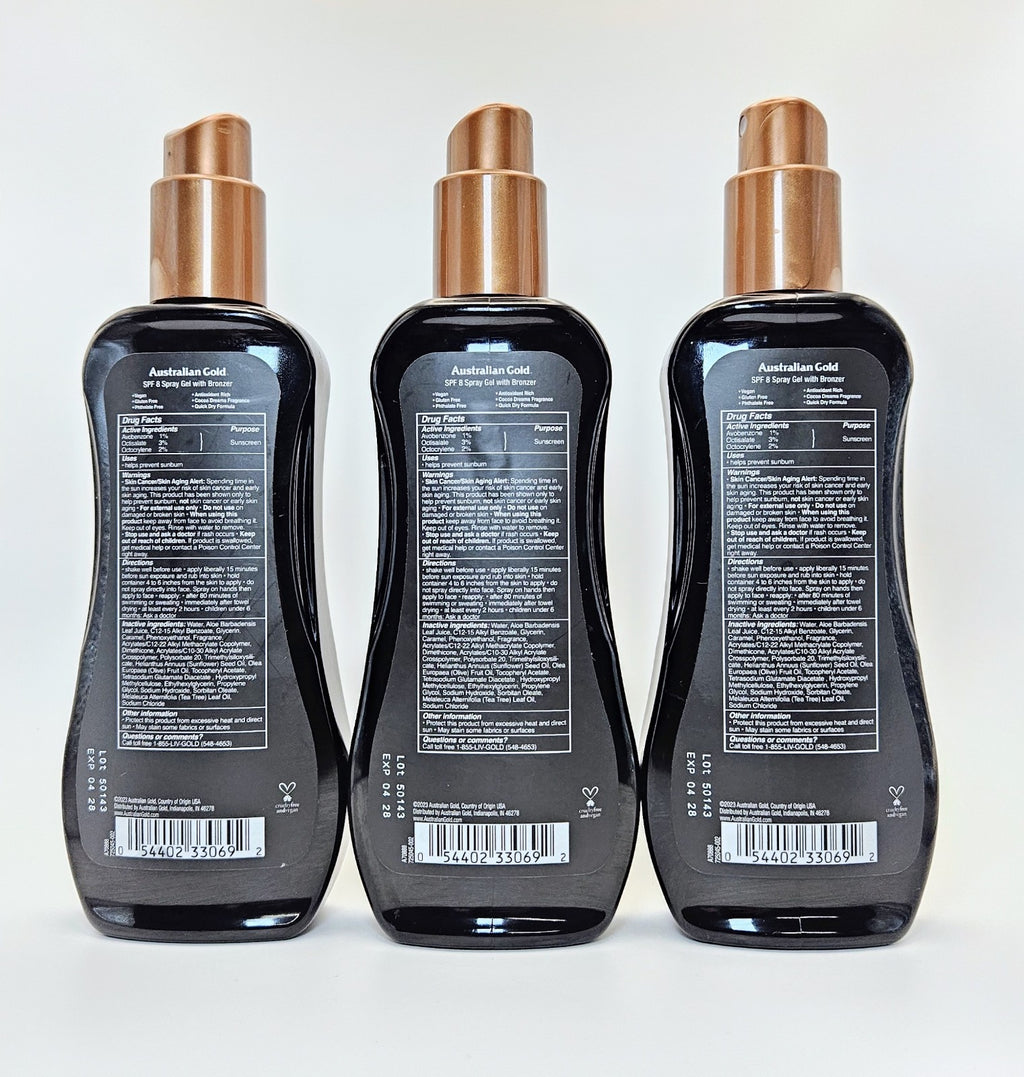 3-Pack Australian Gold SPF 8 Instant Bronzer Sunscreen Spray Gel 8 fl oz