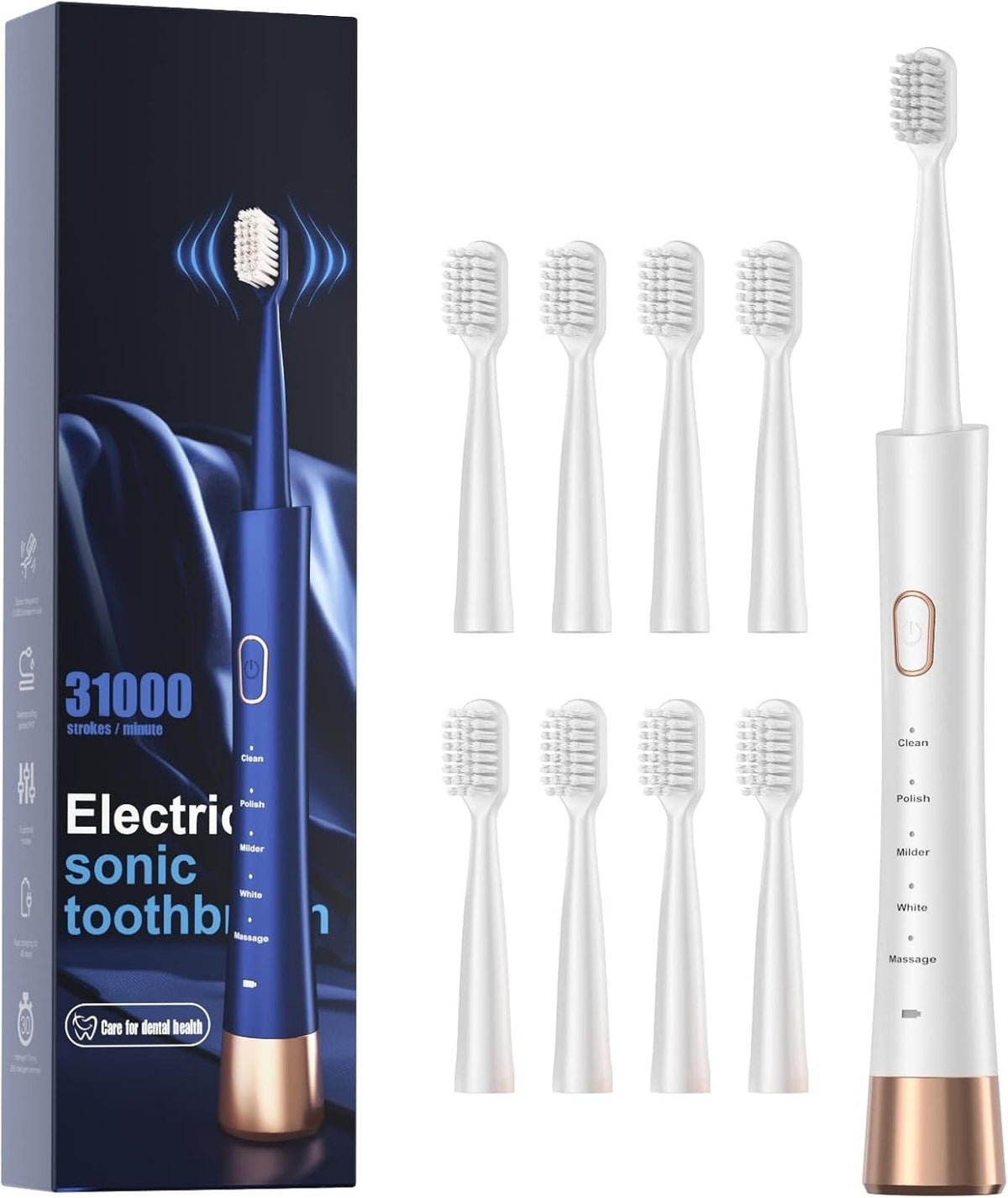 Electric Sonic Toothbrush with Smart Timer & Fast Charge – 5 Modes, 8 Brush Heads