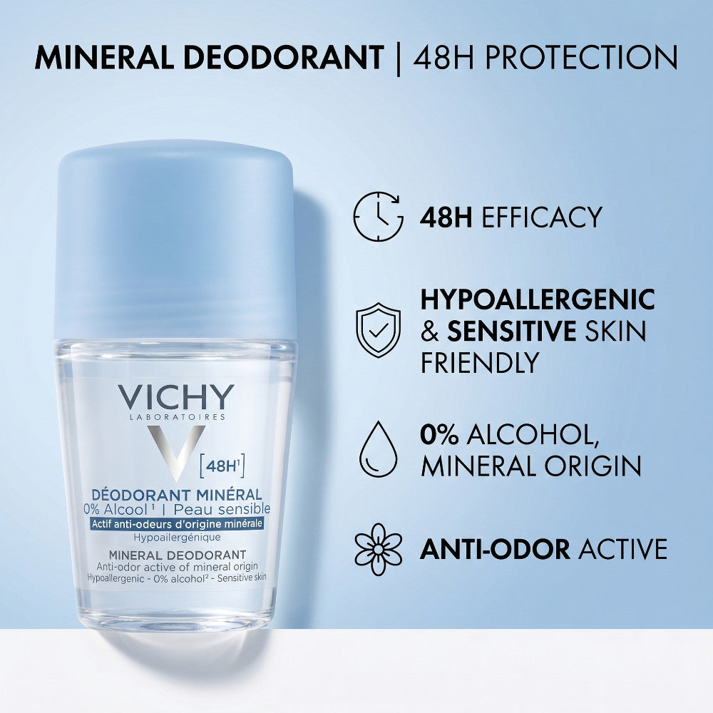Sensitive Skin Mineral Deodorant Roll-On 48H, Alcohol-Free, 50ml
