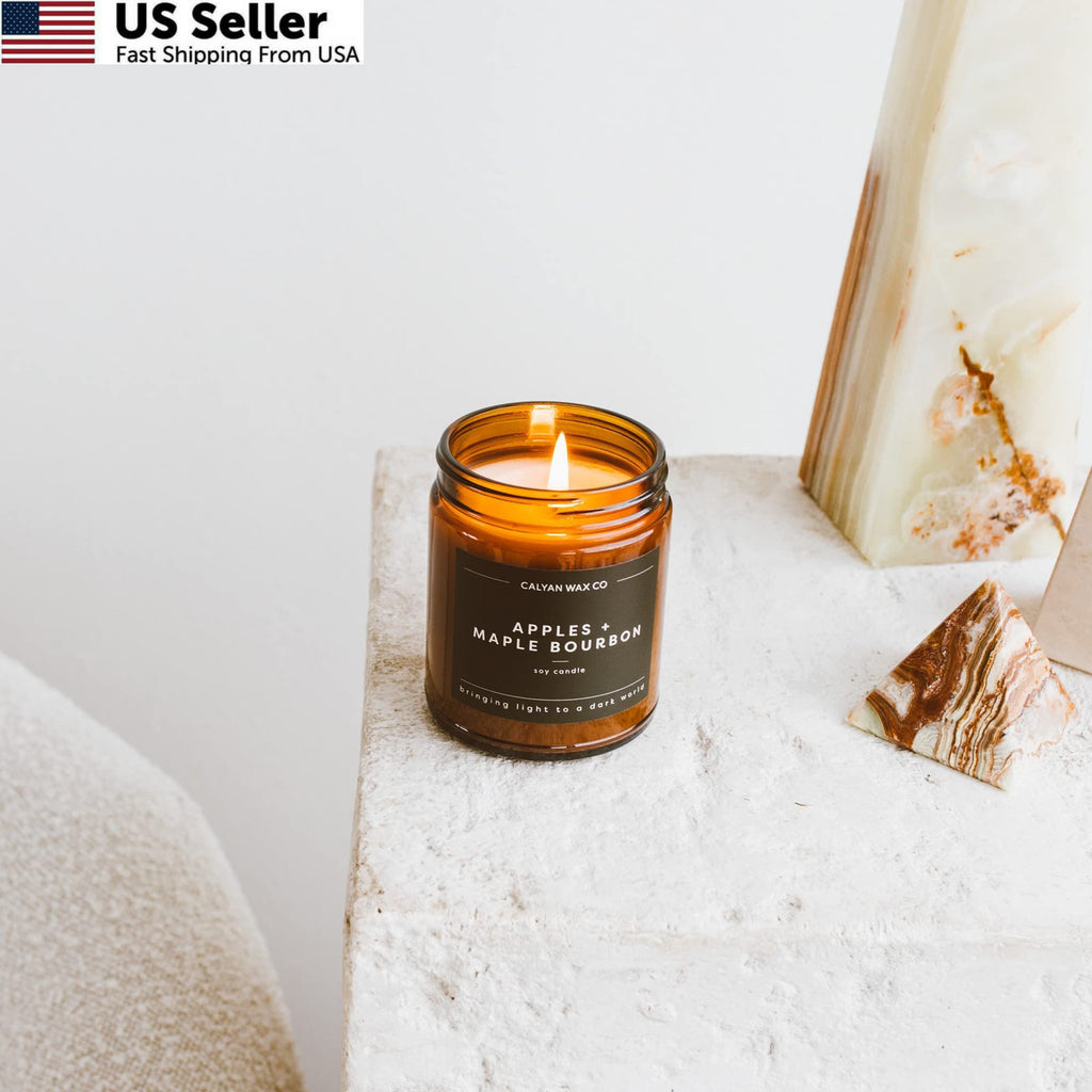 Luxury Soy Candle with , Maple & Bourbon Scent - Amber Glass Jar