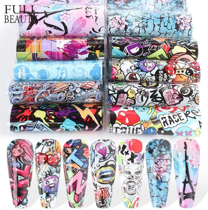 10 Sheets Nail Art Foil Transfer Decals for Manicure DIY - Multiple Designs