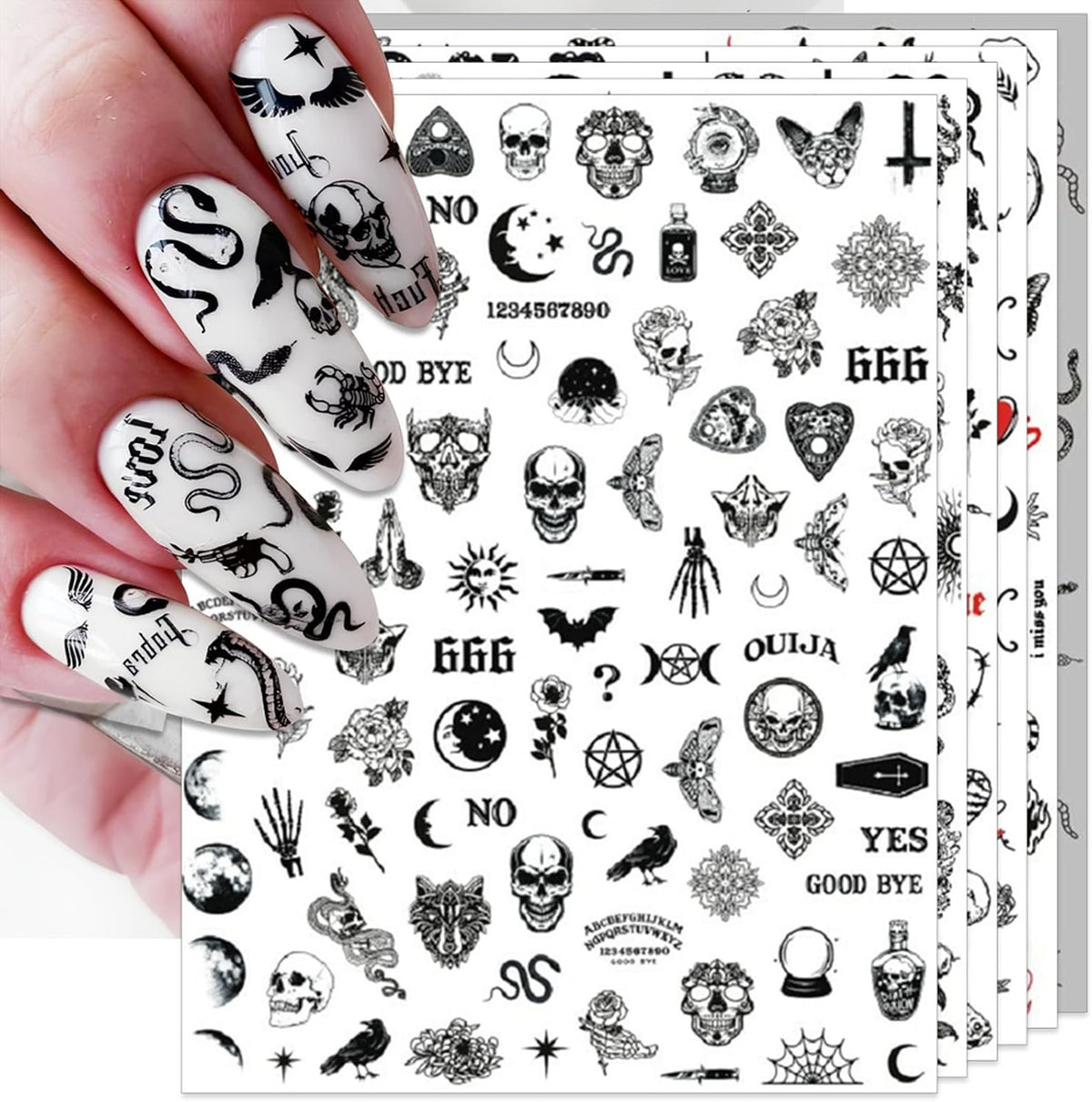 Black Gothic Snake & Skull Nail Art Stickers - Self-Adhesive 3D Decals for Edgy Manicures