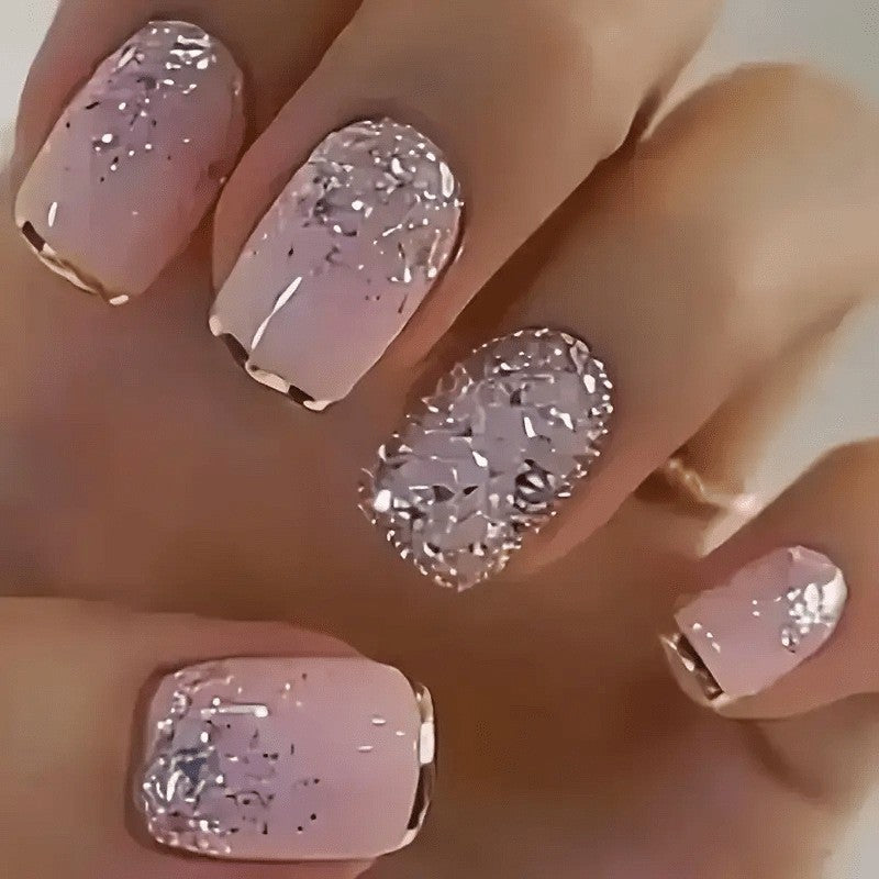 48Pcs Nude Pink Rhinestone Press On Nails Short Square Glossy False Nails