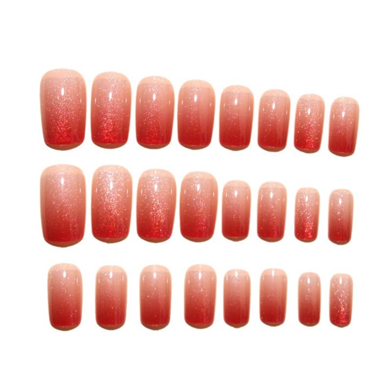 48Pcs Red Gold Glitter Gradient Coffin Press-On Nails - False Nails Set