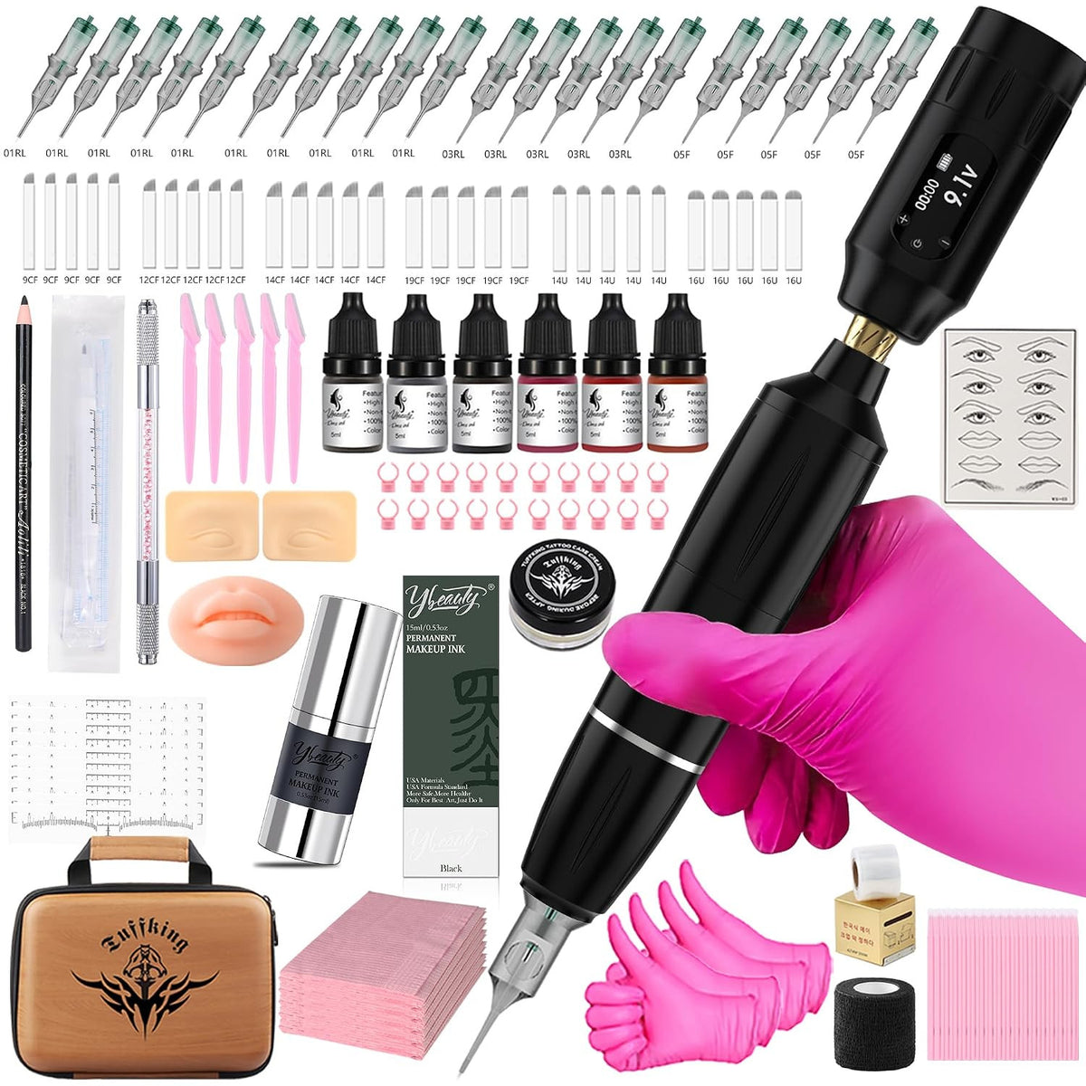 Eyebrow Microblading Tattoo Kit - Wireless Professional Microblade Machine, 50 Cartridges, 7 Inks