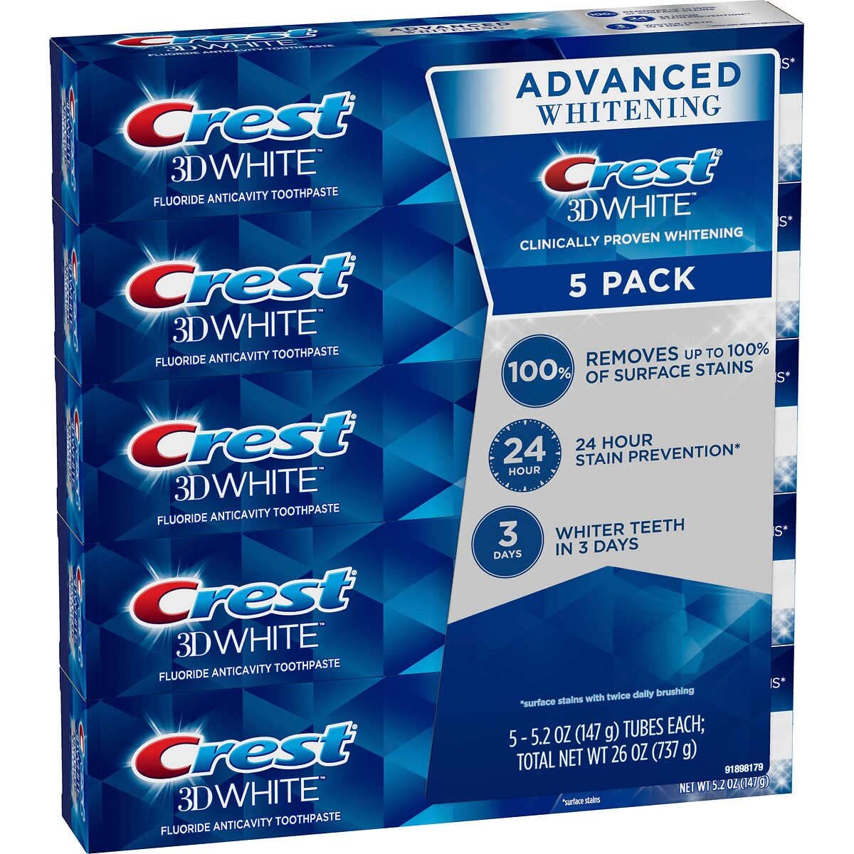 Crest 3D White Advanced Whitening Toothpaste - 5.2 oz Pack of 5