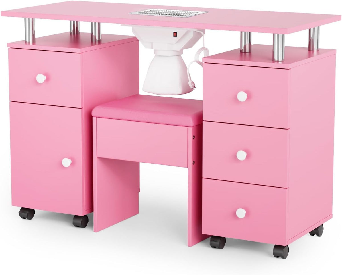 Professional Nail Desk and Chair Set with Dust Suction System, Storage Drawers