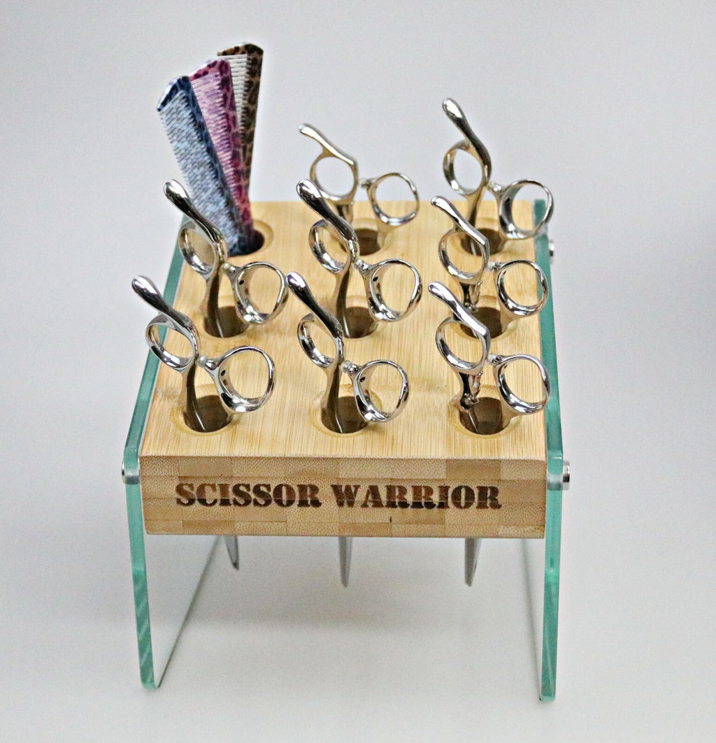 Salon Hair Shears Holder Bamboo Glass Organizer for Barber & Stylist Stations