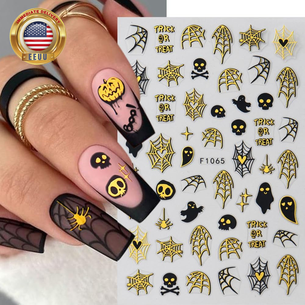 Halloween Ghost Nail Stickers - 3D Self-Adhesive Gold & Black Decals for Nail Art