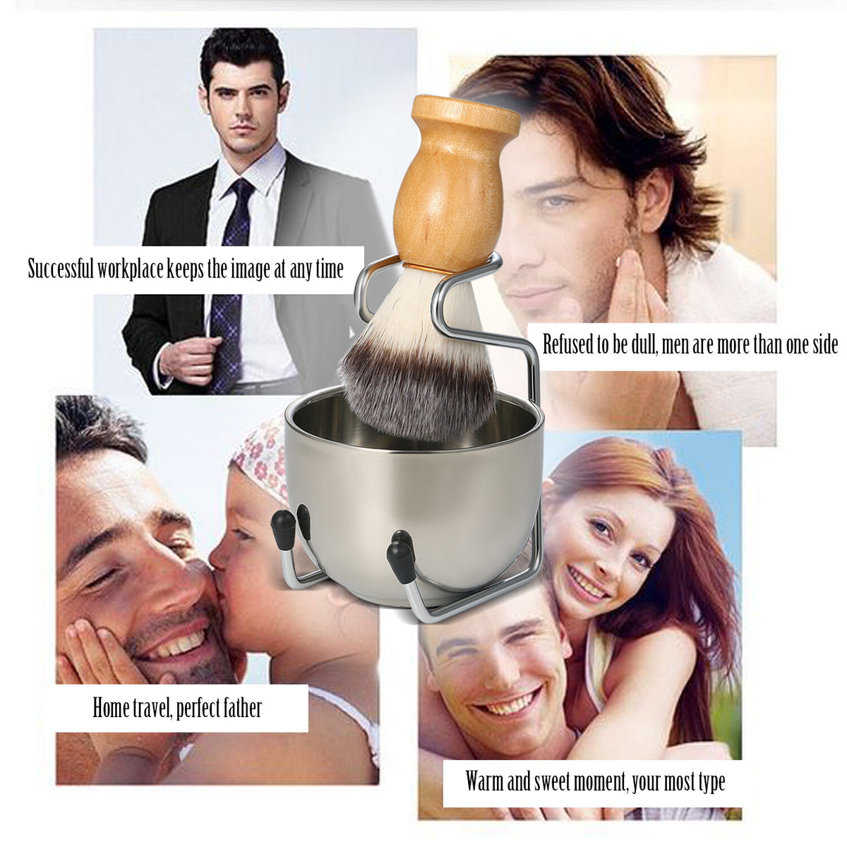 3-in-1 Men’s Shaving Brush Set with Wooden Handle & Stand — Includes Mug & Bowl