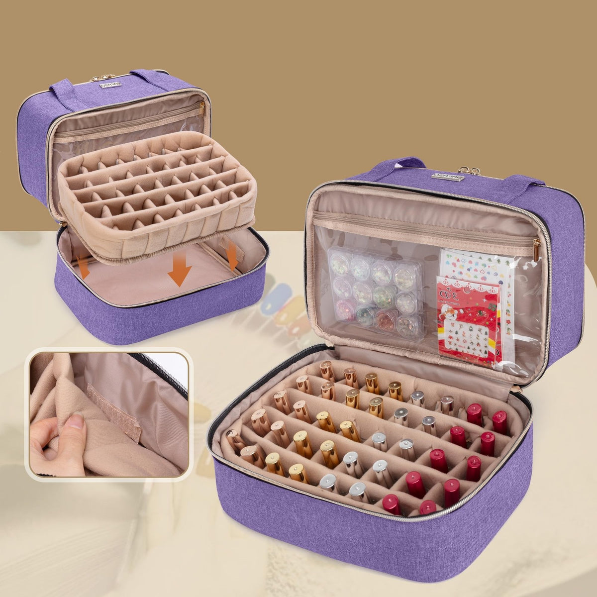 Nail Polish Storage Case Holds 40 Bottles & Nail Lamp - Purple