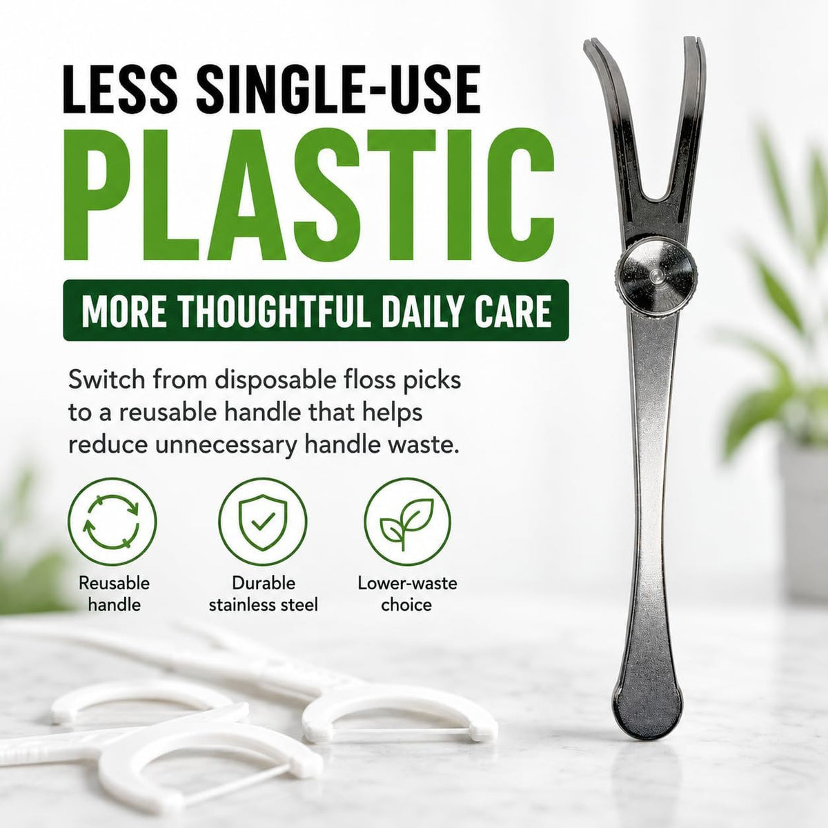 Reusable Stainless Steel Dental Floss Pick Handle with Refillable Design
