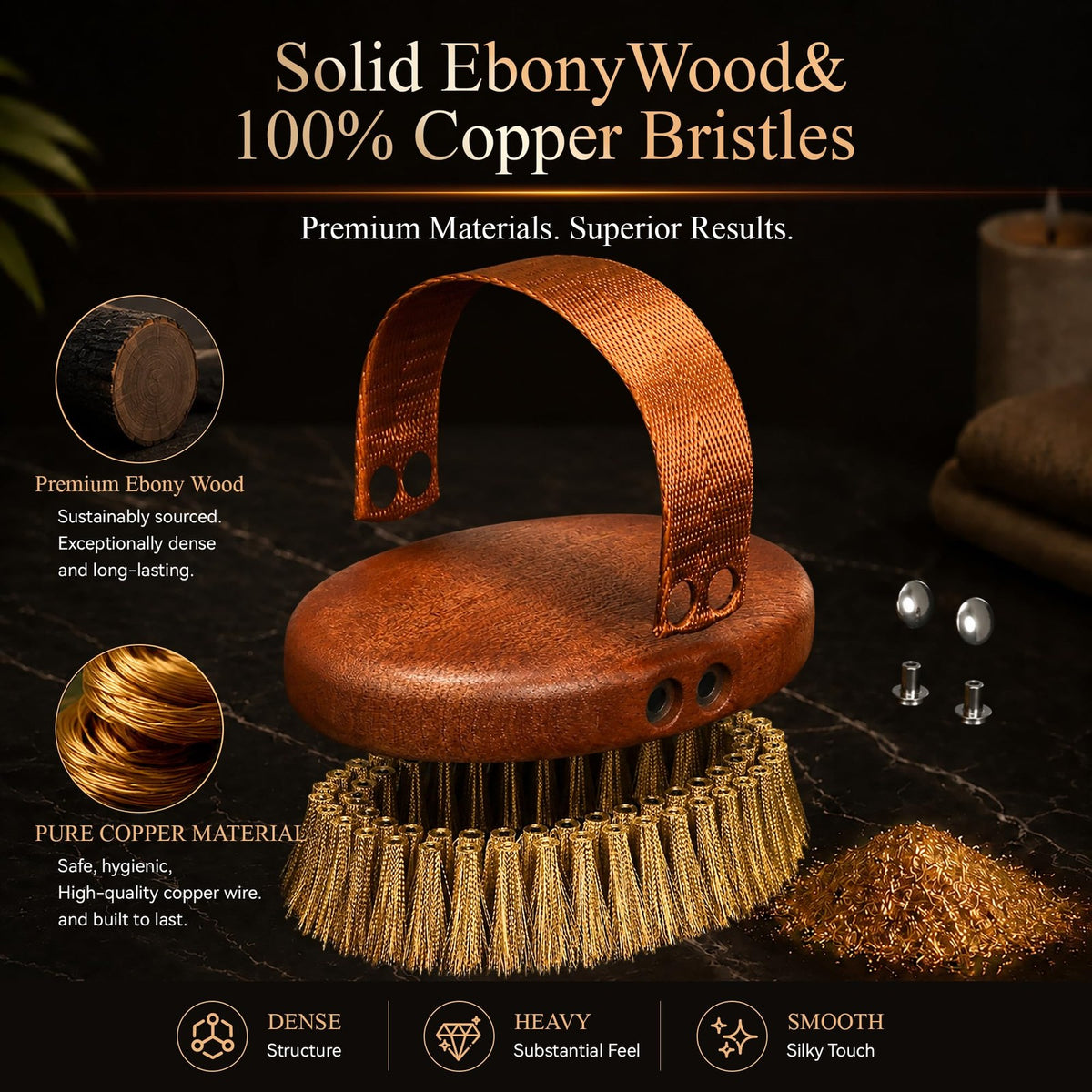 Dry Body Brush with Ebony Wood & Copper Bristles for Exfoliation & Circulation