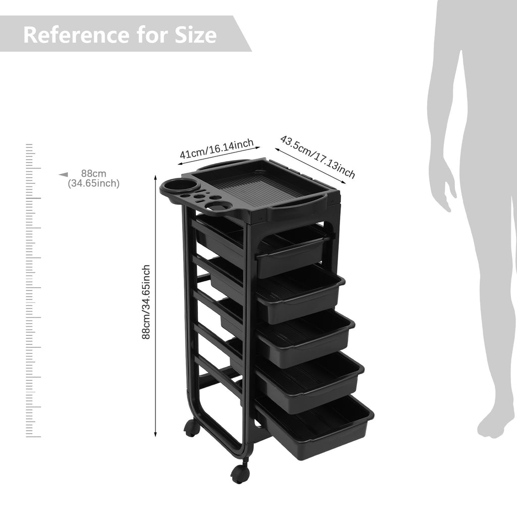 Mobile Hair Salon Trolley Cart with 5 Drawers - Black, 41x43.5x88cm