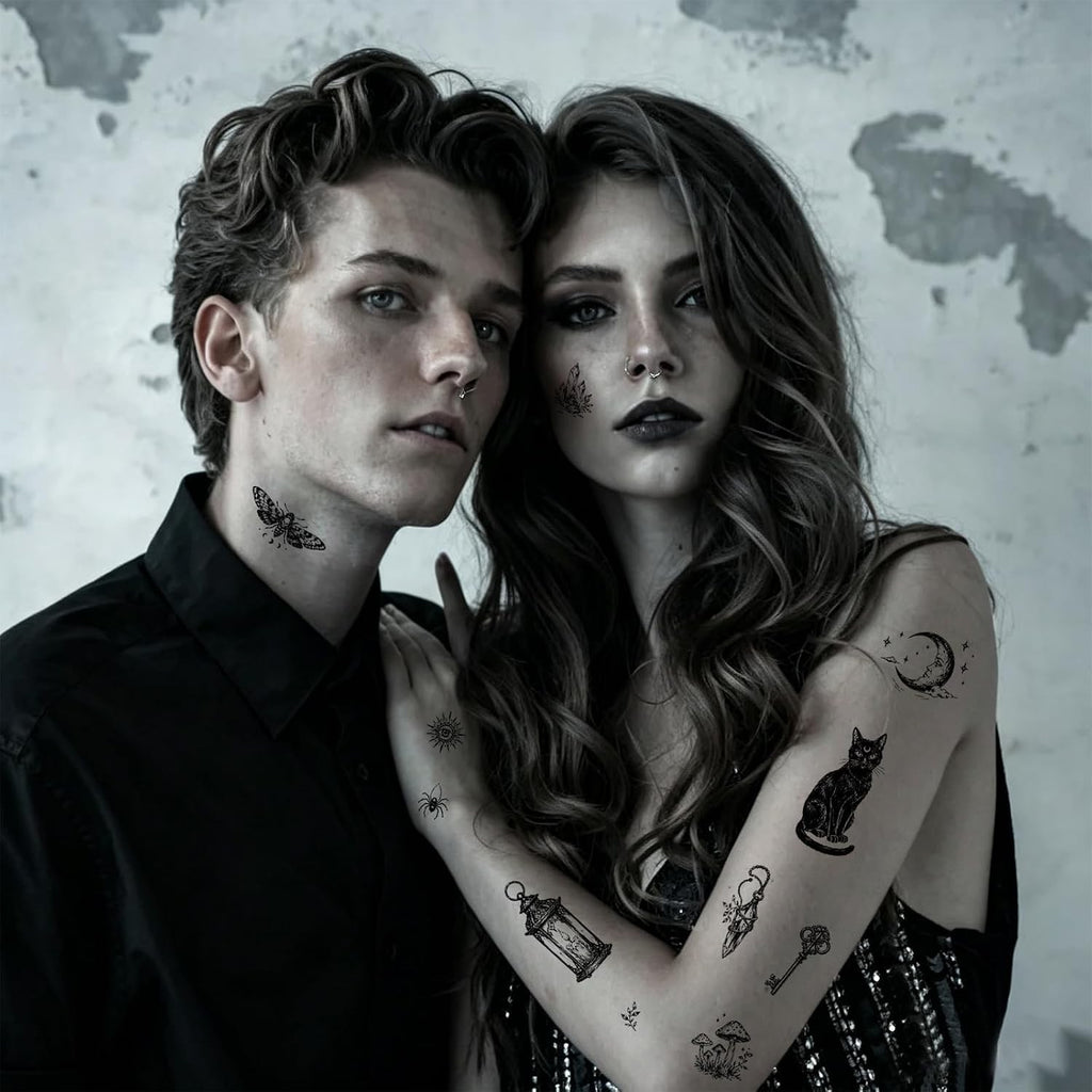 Dark Gothic Temporary Tattoos Set – Crow Skull Spider Bat Snake Full 4 Sheets